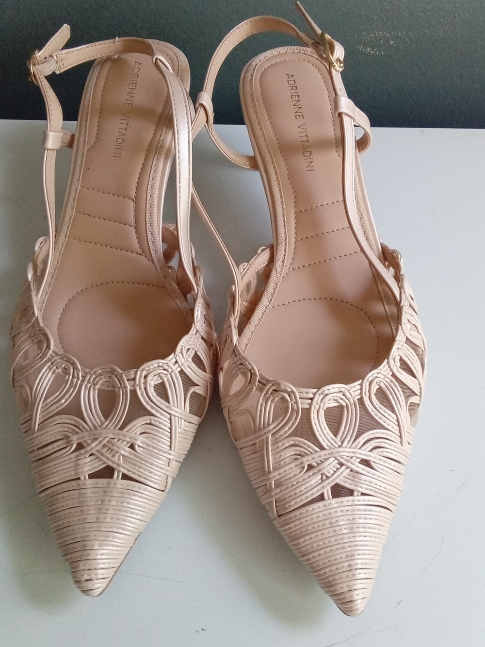 Adrienne Vittadini Nude Woven Pointed Toe Slingback Kitten Heels Size 11M